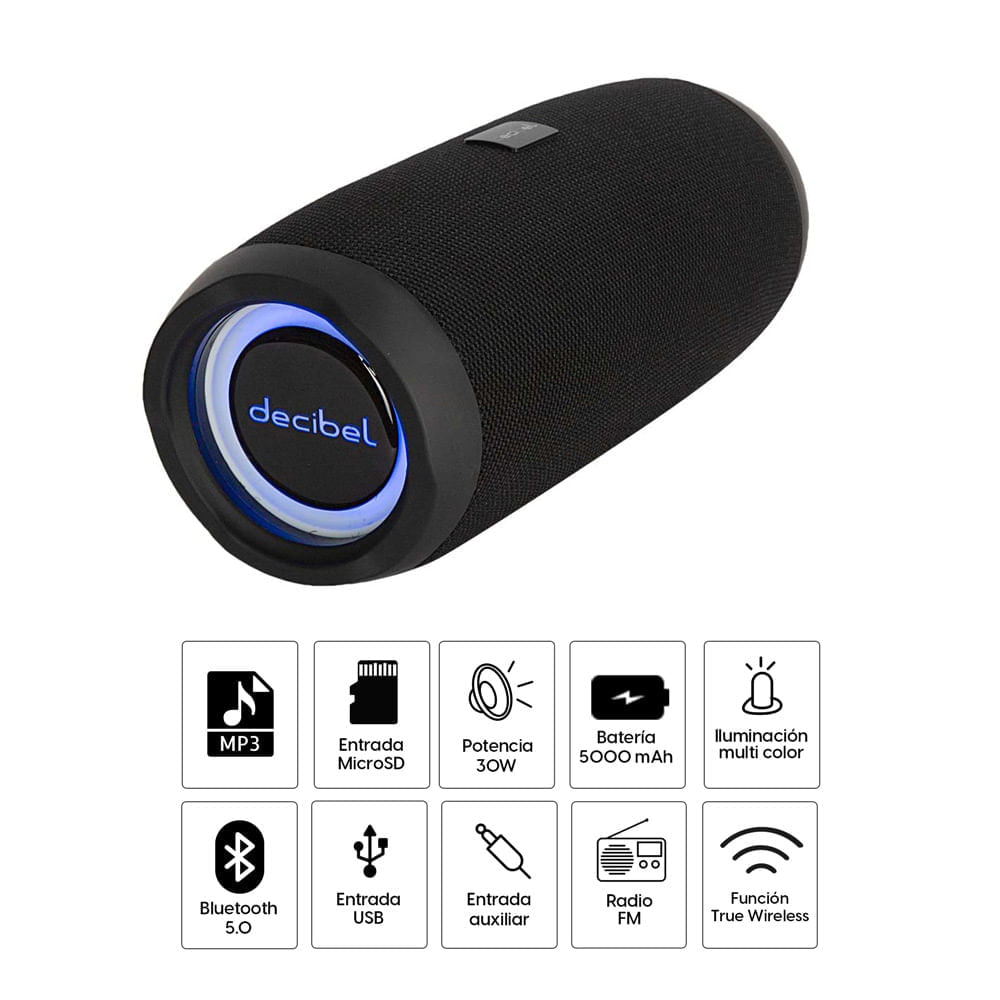 Imagen 2 del producto Reacondicionado: Parlante bluetooth Decibel Thunder 30W, IPX5, Radio FM/entrada Aux./MicroSD, Función TWS, Máx 20 horas de reproducción, negro
