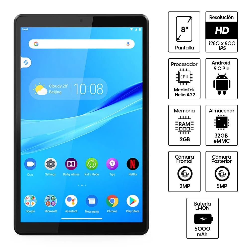 Imagen 2 del producto Reacondicionado: Tablet Lenovo TAB M8 HD 2da Gen 8"", 32GB, 2GB RAM, cámara 5MP y frontal 2MP, ranura para Sim, MediaTek Helio A22, gris