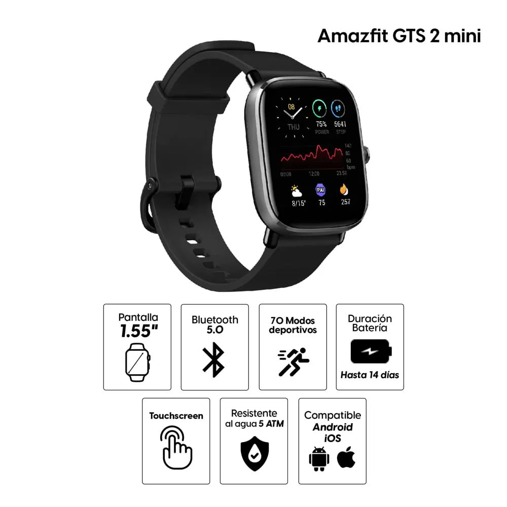 Imagen 2 del producto Reacondicionado: Smartwatch Amazfit GTS 2 Mini resistente al agua 5ATM, más 14 días, 70 modos deportivos, 1.55"", negro