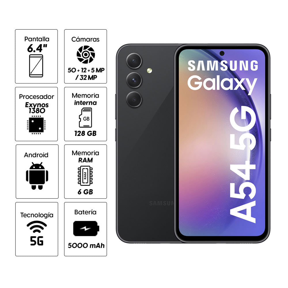Imagen 2 del producto Reacondicionado: Celular Samsung A54 5G 128GB, 6GB RAM, cámara trasera 50MP y cámara frontal 32MP, 6.4"", negro