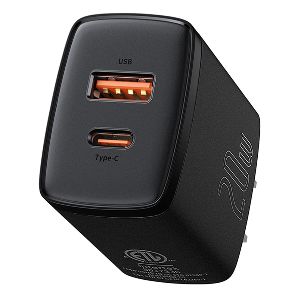 Cargador de pared Baseus CCXJ-A01 20W, Dual, USB/Tipo-C, QD, negro