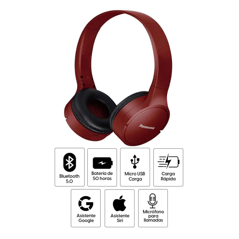 Imagen 2 del producto Reacondicionado: Audífonos bluetooth on ear Panasonic RB-HF420B micrófono incorporado, máx. 50 horas, control de música y llamadas, rojo