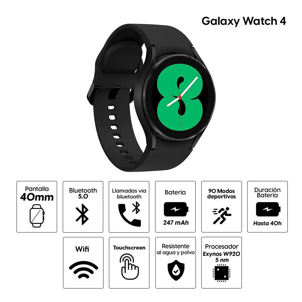 Imagen 2 del producto Reacondicionado: Smartwatch Samsung Galaxy Watch 4 bluetooth, resistente al agua, máx 40 horas, modos deportivos, 40mm, negro