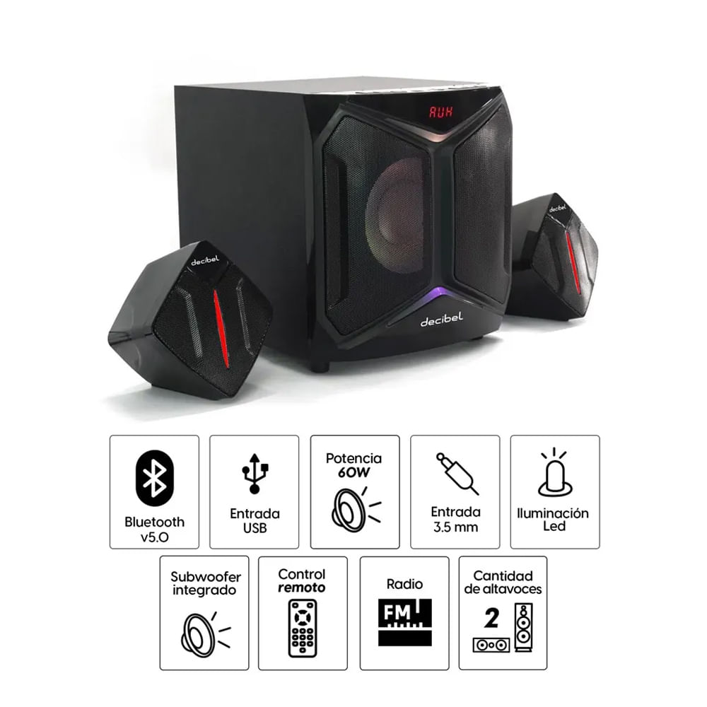 Imagen 2 del producto Reacondicionado: Equipo de Sonido Decibel bluetooth v.5.0, subwoofer, 60W, Usb, Radio FM, Aux, control remoto, pantalla led, negro