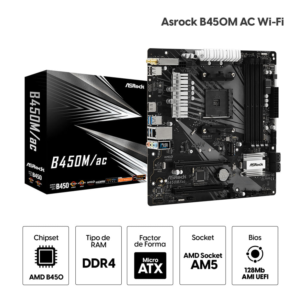 Imagen 2 del producto Placa madre ASRock B450M/ac, socket AM4, DDR4 hasta 128GB, factor micro-ATX, Wi-Fi y Bluetooth, M.2 PCIe Gen3 x4, HDMI y D-Sub