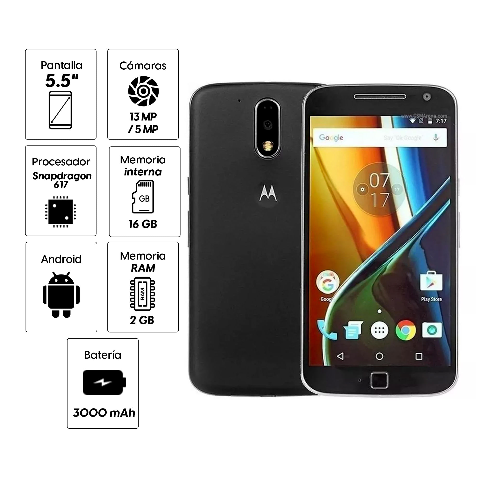Imagen 2 del producto Reacondicionado: Celular Motorola Moto G4 16GB, 2GB RAM, cámara trasera 13MP y frontal 5MP, 5.5"", negro