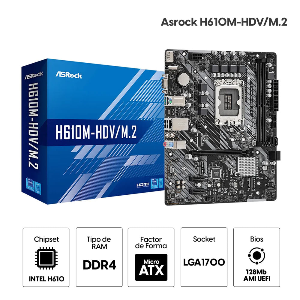 Imagen 2 del producto Placa madre Asrock H610M-HDV/M.2 R2.0, DDR4, M.2, LGA1700