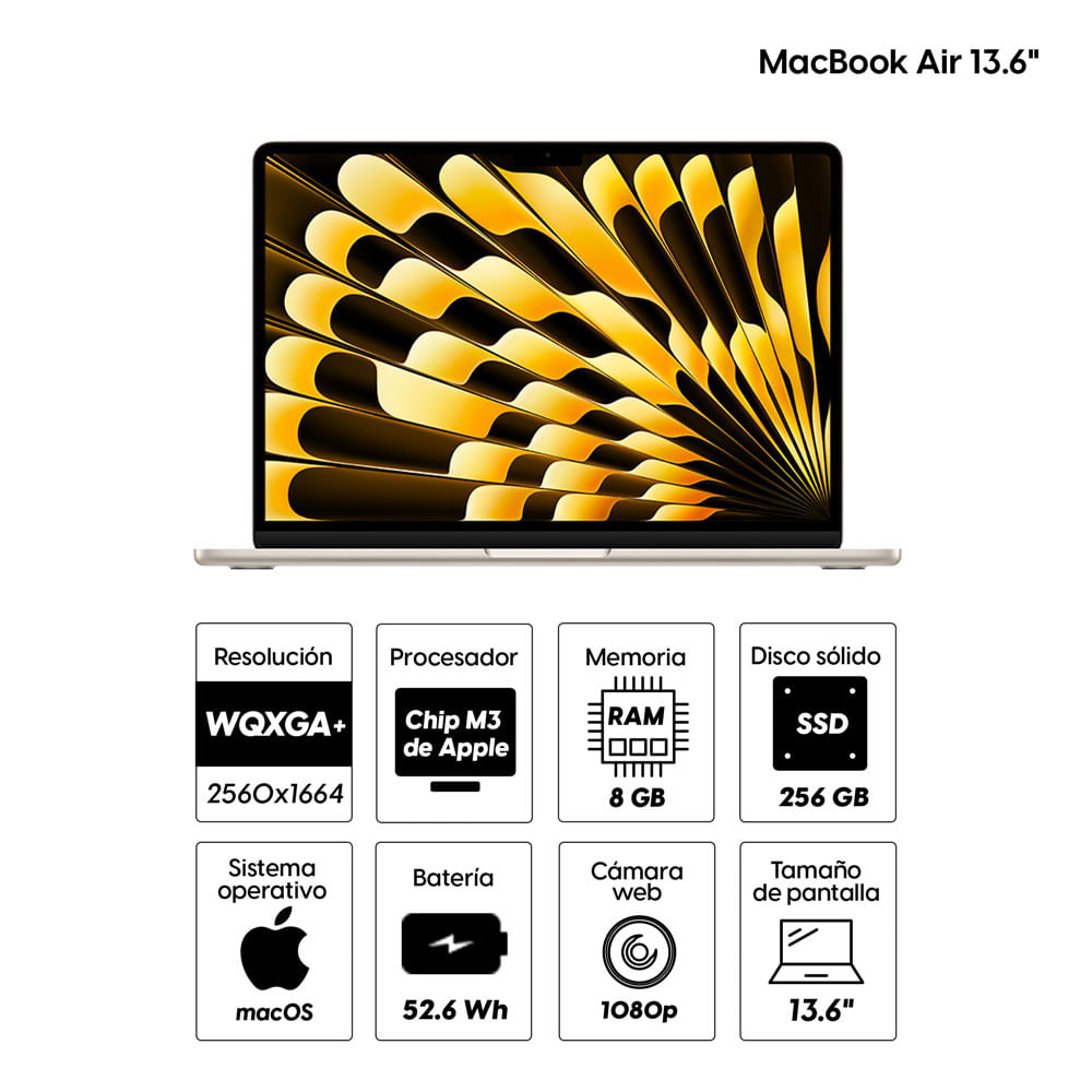 Imagen 2 del producto MacBook Air 13.6"" Chip M3, GPU de 8 núcleos, 256GB SSD, 8GB RAM, macOS, starlight