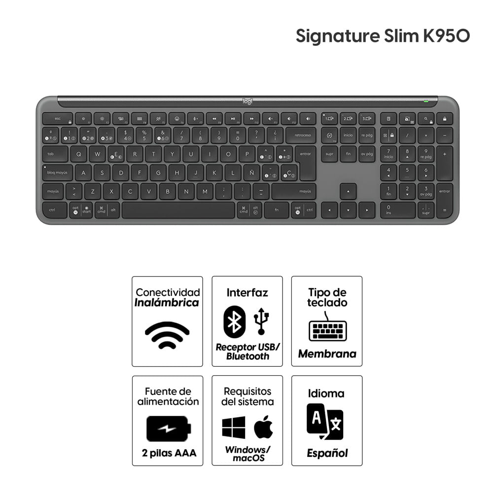 Imagen 2 del producto Teclado inalámbrico Logitech Signature Slim K950 conexión bluetooth/receptor USB, multidispositivo, layout español, usa 2 pilas AAA, negro