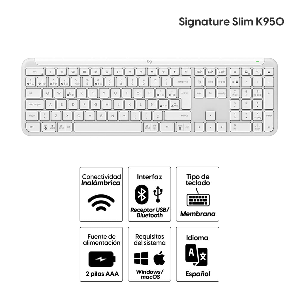 Imagen 2 del producto Teclado inalámbrico Logitech Signature Slim K950 conexión bluetooth/receptor USB, multidispositivo, layout español, usa 2 pilas AAA, blanco
