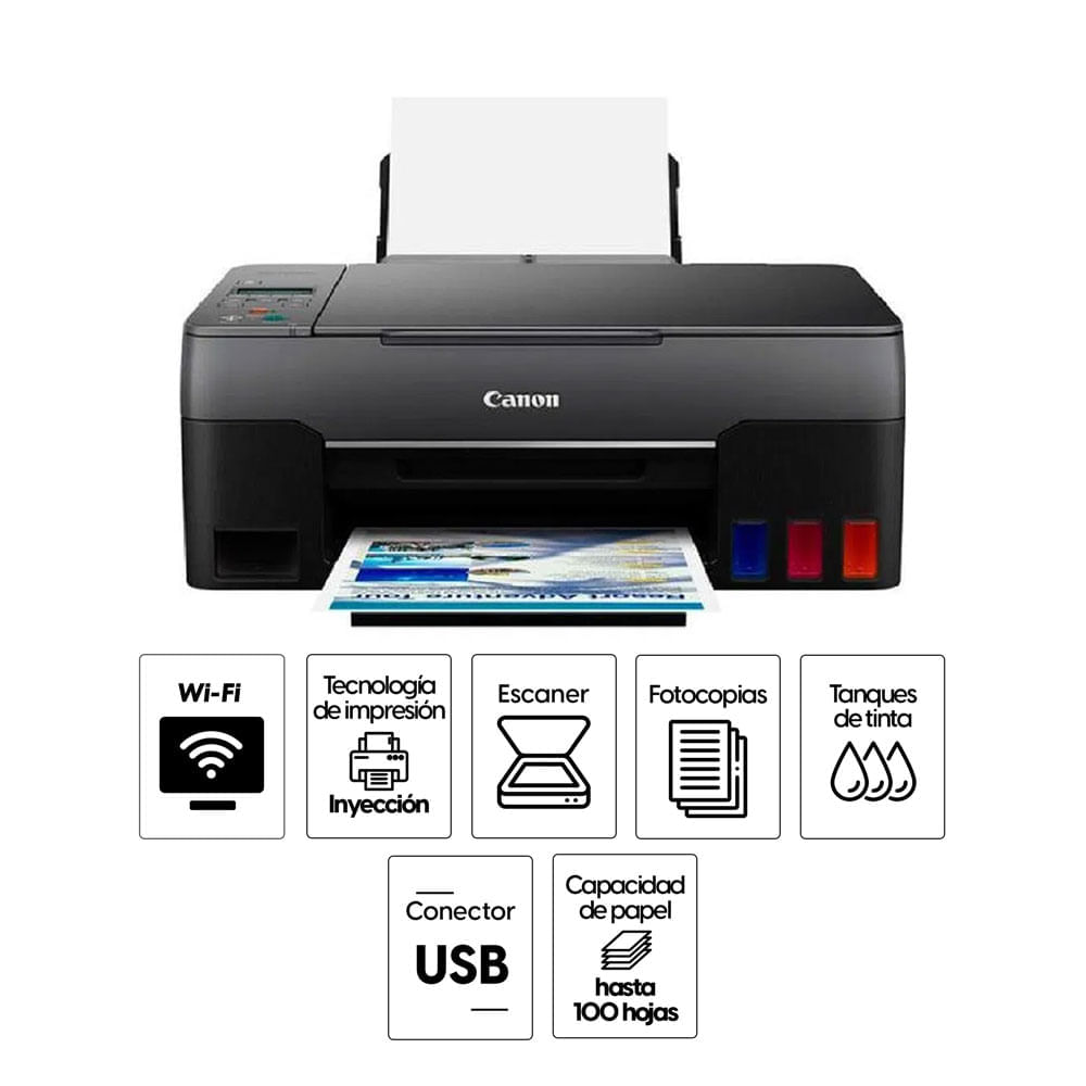 Imagen 2 del producto Impresora multifuncional Canon Pixma G3160, inyección de tinta,inalámbrica,Wi-Fi, con tanques recargables (reempacado)