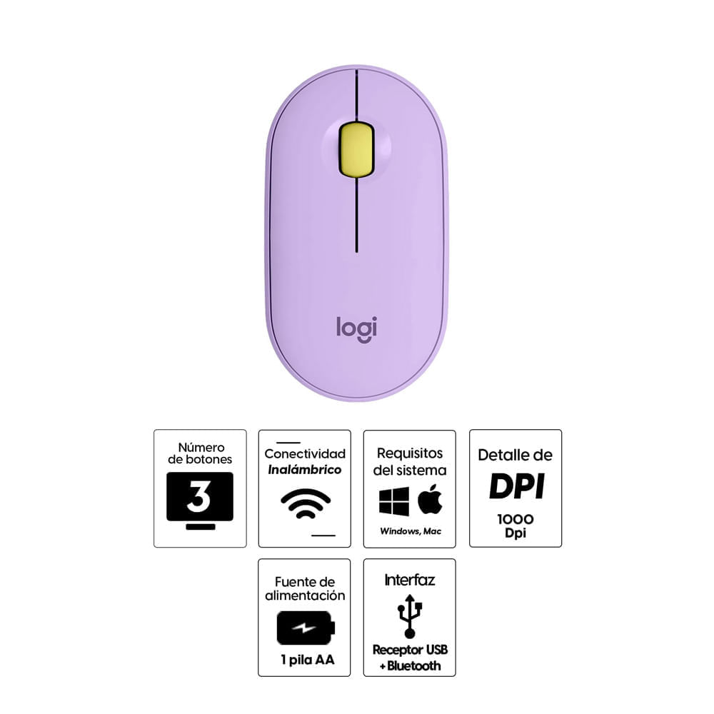 Imagen 2 del producto Reacondicionado: Mouse inalámbrico Logitech Pebble M350 bluetooth, 1000 dpi, 3 botones, usa pila, lavanda