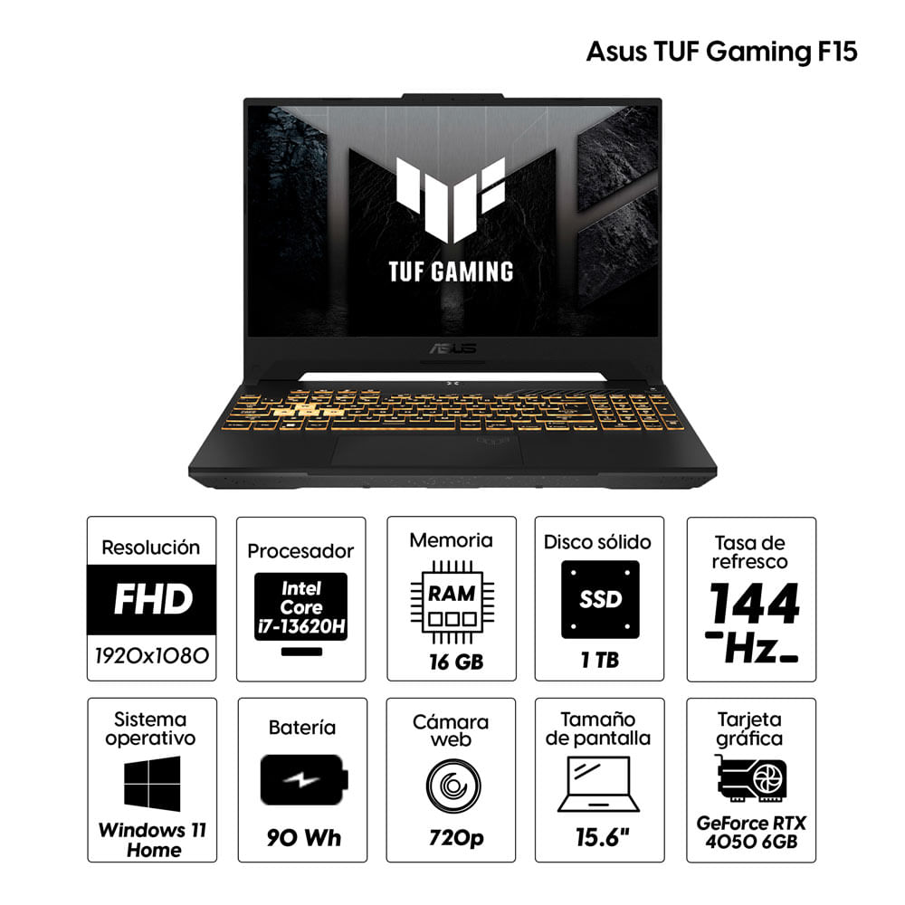 Imagen 2 del producto Laptop gamer Asus TUF Gaming F15 15.6"" Intel Core i7-13620H, 1TB SSD, 16GB RAM DDR5, GeForce RTX 4050 6GB, Win11, gris