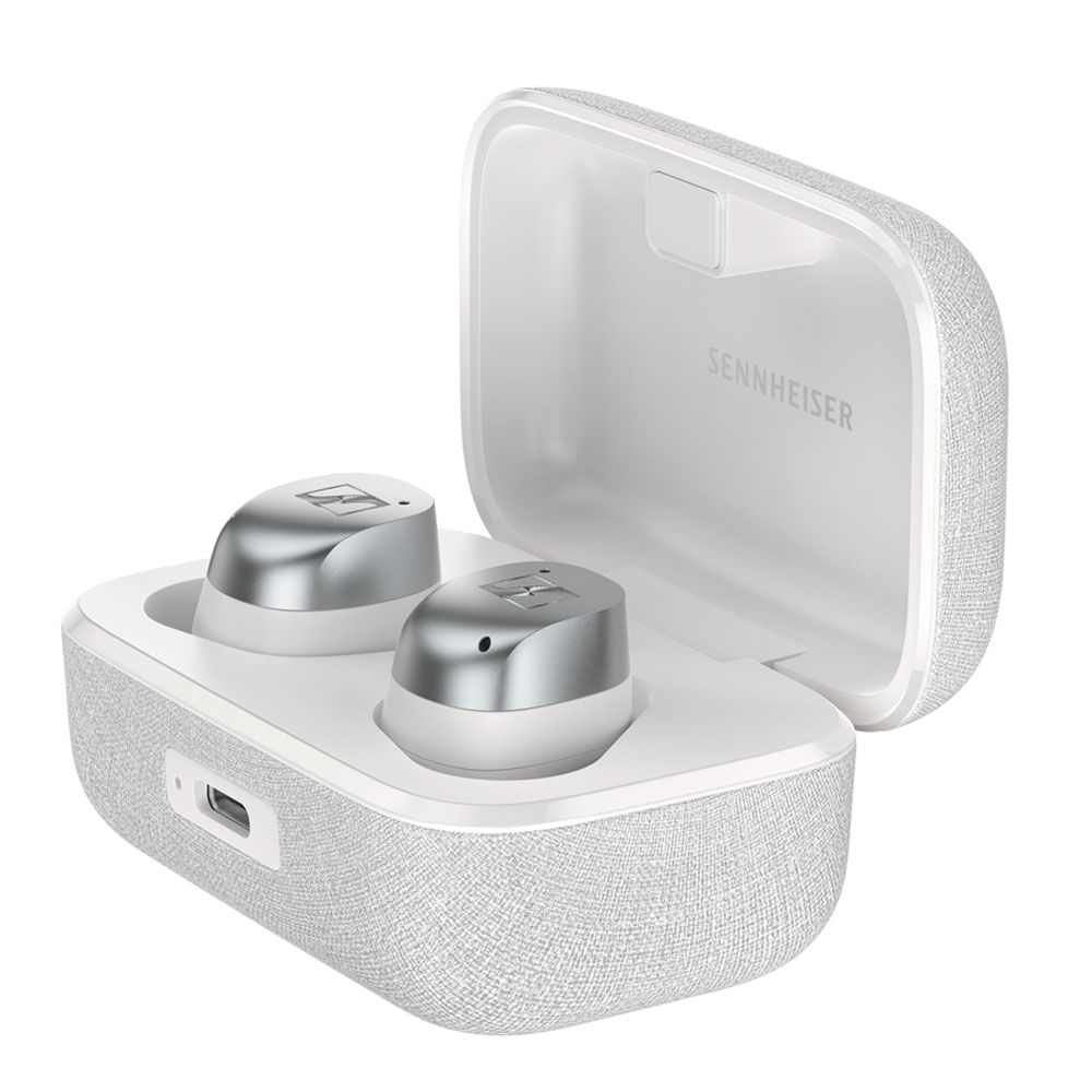 Audífonos bluetooth True Wireless Sennheiser Momentum 4 resistente al agua IP54, duración máx. 30 horas, cancelación de ruido, blanco con plateado