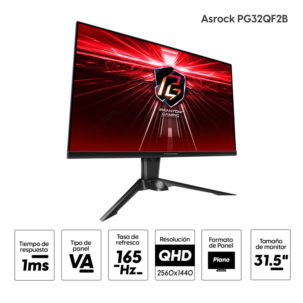 Imagen 2 del producto Monitor gamer plano Asrock PG32QF2B 31.5"" Panel VA, QHD (2560 x 1440), 165Hz, 1ms, entradas HDMI/ DisplayPort