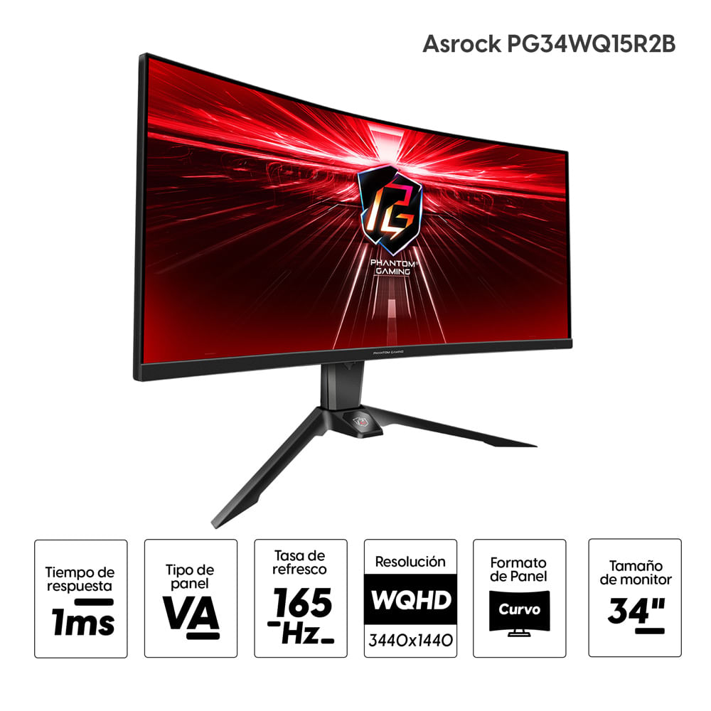 Imagen 2 del producto Monitor gamer curvo Asrock PG34WQ15R2B 34"", Panel VA, WQHD (3440 x 1440), 165Hz, 1ms, entradas HDMI/ DisplayPort