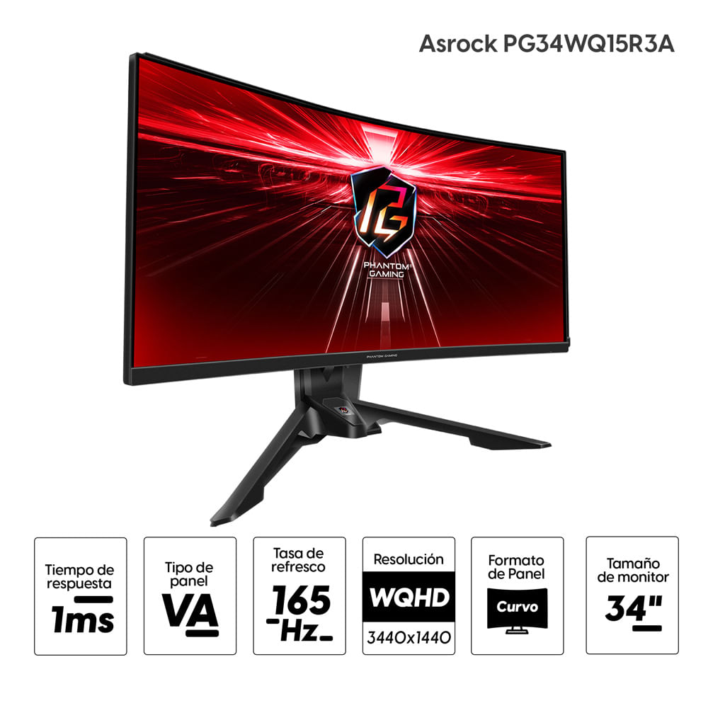 Imagen 2 del producto Monitor gamer curvo Asrock PG34WQ15R3A 34"", Panel VA, WQHD (3440 x 1440), 165Hz, 1ms, Wi-Fi, entradas HDMI/ DisplayPort
