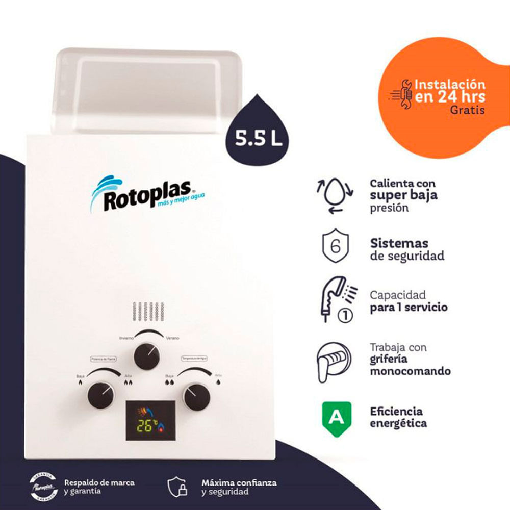 Imagen 2 del producto Terma a gas Flaming GN Rotoplas, flujo máximo 5.5 litros, encendido automático, blanco