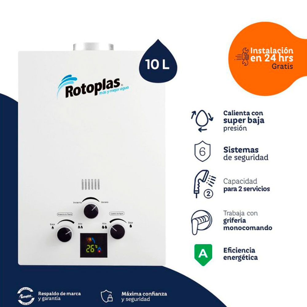 Imagen 2 del producto Terma a gas Rotoplas Flaming GN flujo máximo 10 litros, encendido automático, blanco