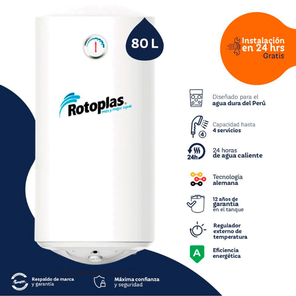 Imagen 2 del producto Terma Rotoplas Duraterma, 1500 w, capacidad 80 litros, termostato de seguridad, blanco