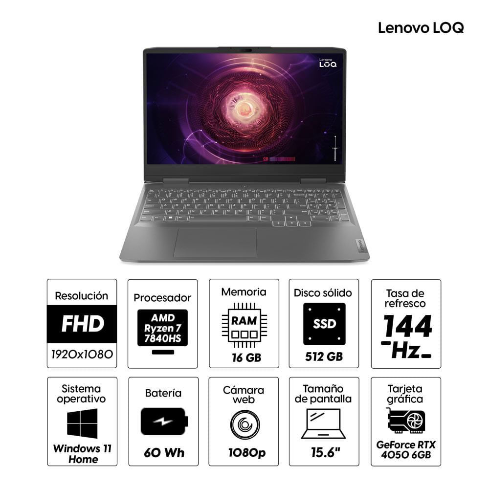 Imagen 2 del producto Laptop gamer Lenovo LOQ 15.6"" AMD Ryzen 7 7840HS, 512GB SSD, 16GB RAM, RTX 4050 6GB, Win11 Home, gris