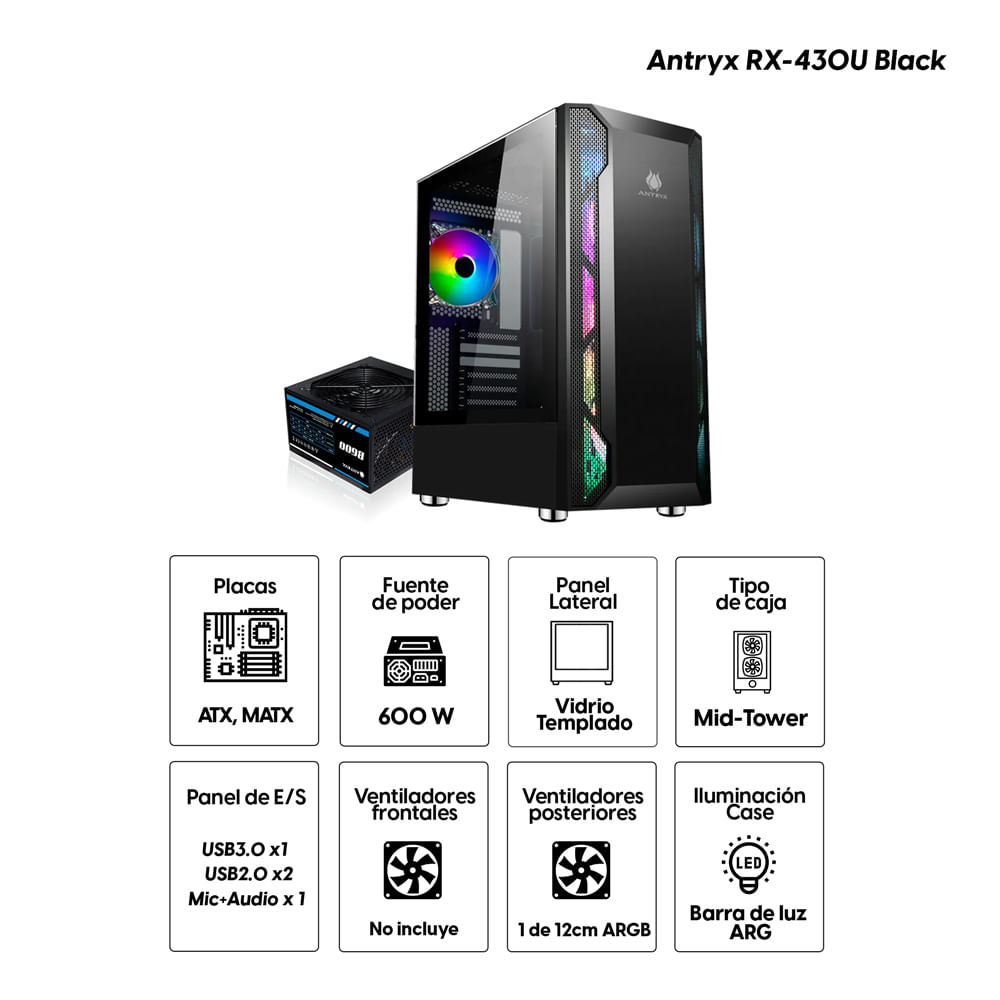 Imagen 2 del producto Gabinete Antryx RX-430U Black, incluye 1 ventiladores ARGB + barra de luz ARGB, panel lateral de vidrio templado, con fuente B600w