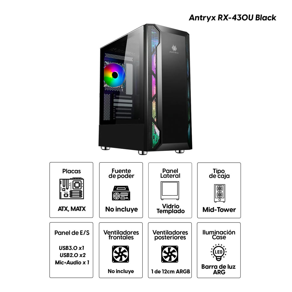 Imagen 2 del producto Gabinete Antryx RX-430U Black USB 3.0, incluye 1 ventiladores ARGB, barra de luz ARGB, panel lateral de vidrio templado, sin fuente