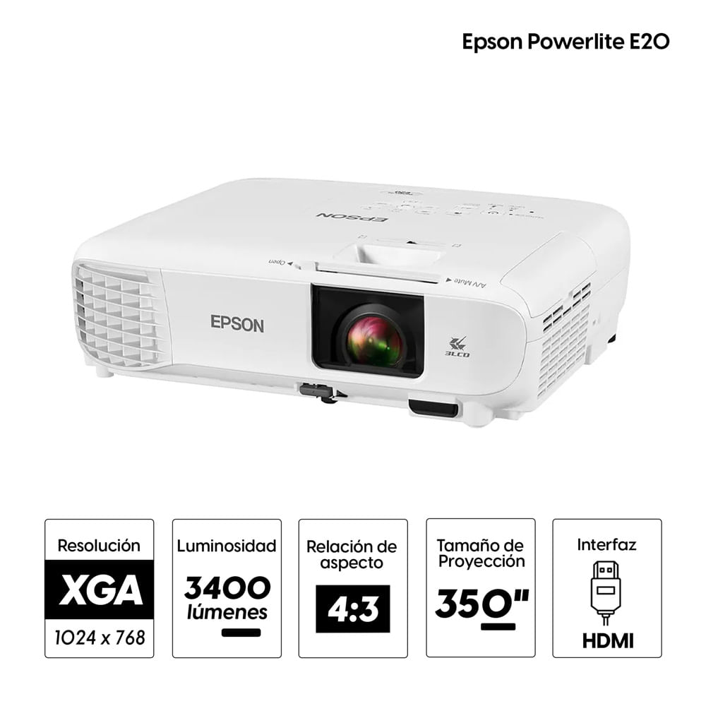 Imagen 2 del producto Proyector multimedia Epson Powerlite E20, 3400 lúmenes, 1024P, blanco