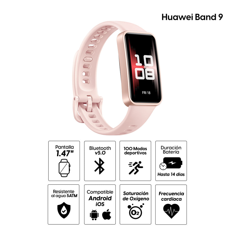 Imagen 2 del producto Smartband Huawei Band 9 pantalla 1.47""/ AMOLED, resistente al agua 5ATM, batería hasta 14 días, rosado