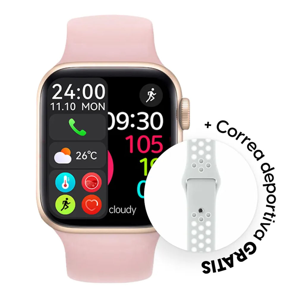 Smartwatch Roadtrip Watch S3 42mm, IP65, detección de frecuencia cardiaca y presión arterial, llamadas BT, rosa + correa deportiva Blanca