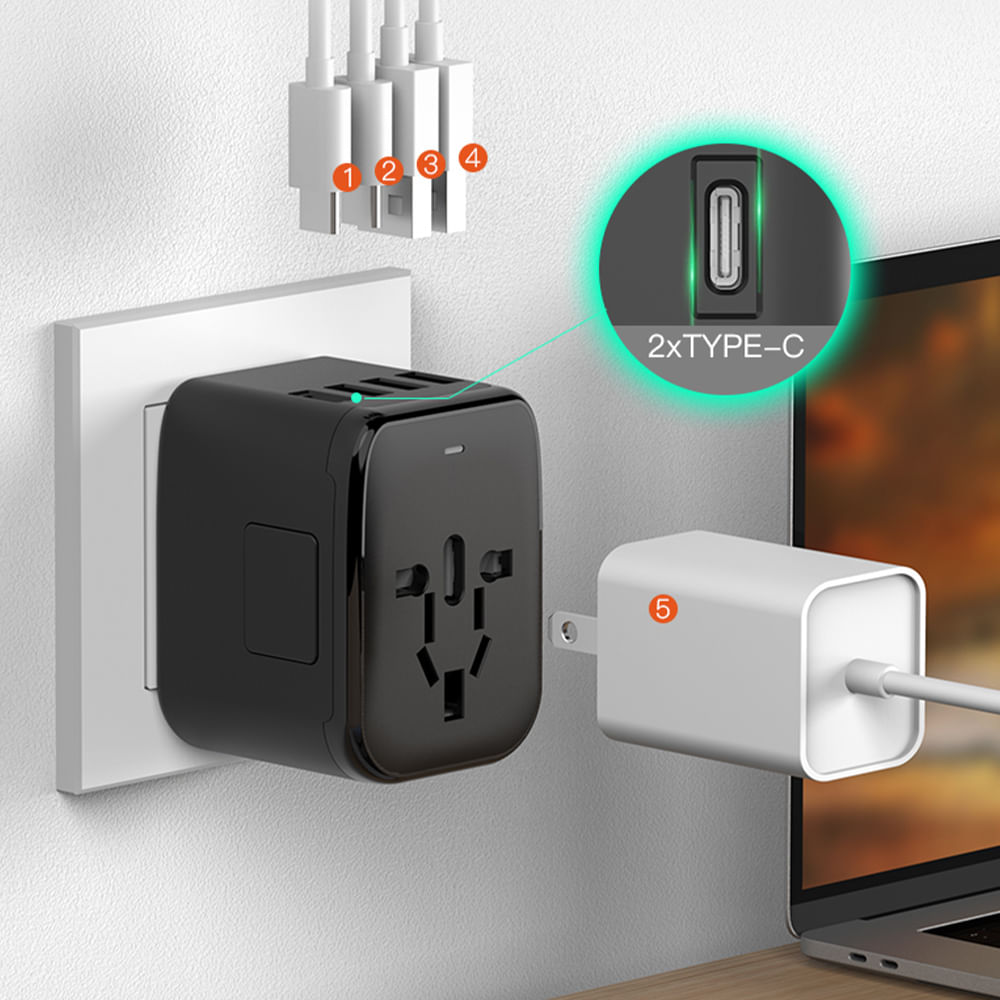 Imagen 2 del producto Cargador de viaje universal Roadtrip 2 puertos USB, 2 puertos USB Tipo-C, negro