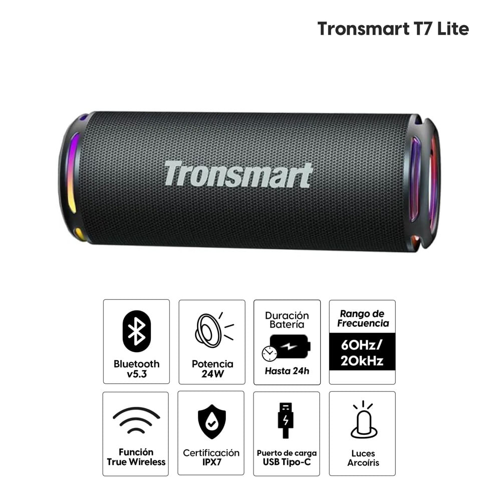 Imagen 2 del producto Parlante bluetooth Tronsmart T7 Lite 24W, resistente al agua IPX7, hasta 24 horas de reproducción, negro
