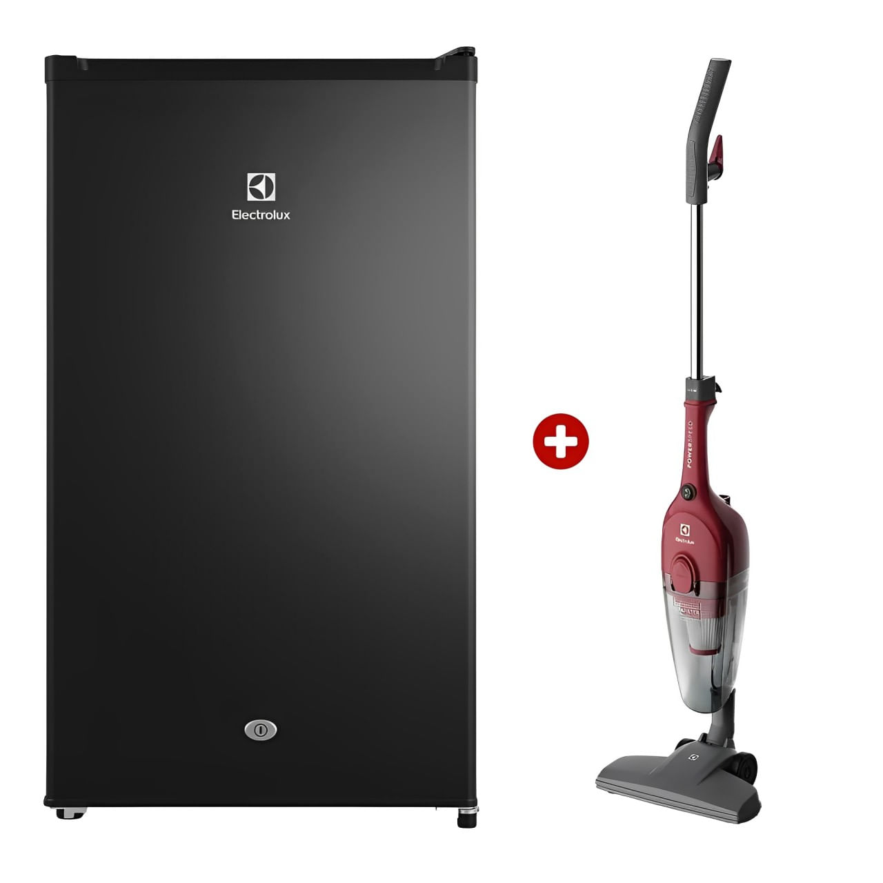 Combo Electrolux: Frigobar Premium ERD090G2HWB 90 litros, negro + Aspiradora vertical con cable Power Speed STK13, 1.2 litros, rojo