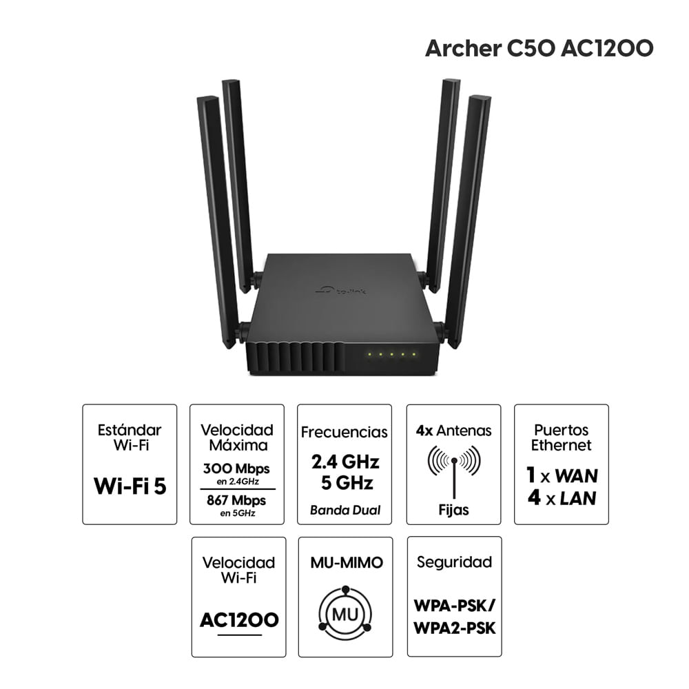 Imagen 2 del producto Router TP-Link Ac 1200 Archer C50, doble banda, 300Mbps y 867Mbps, 4 antenas 5dBi, 4 puertos LAN