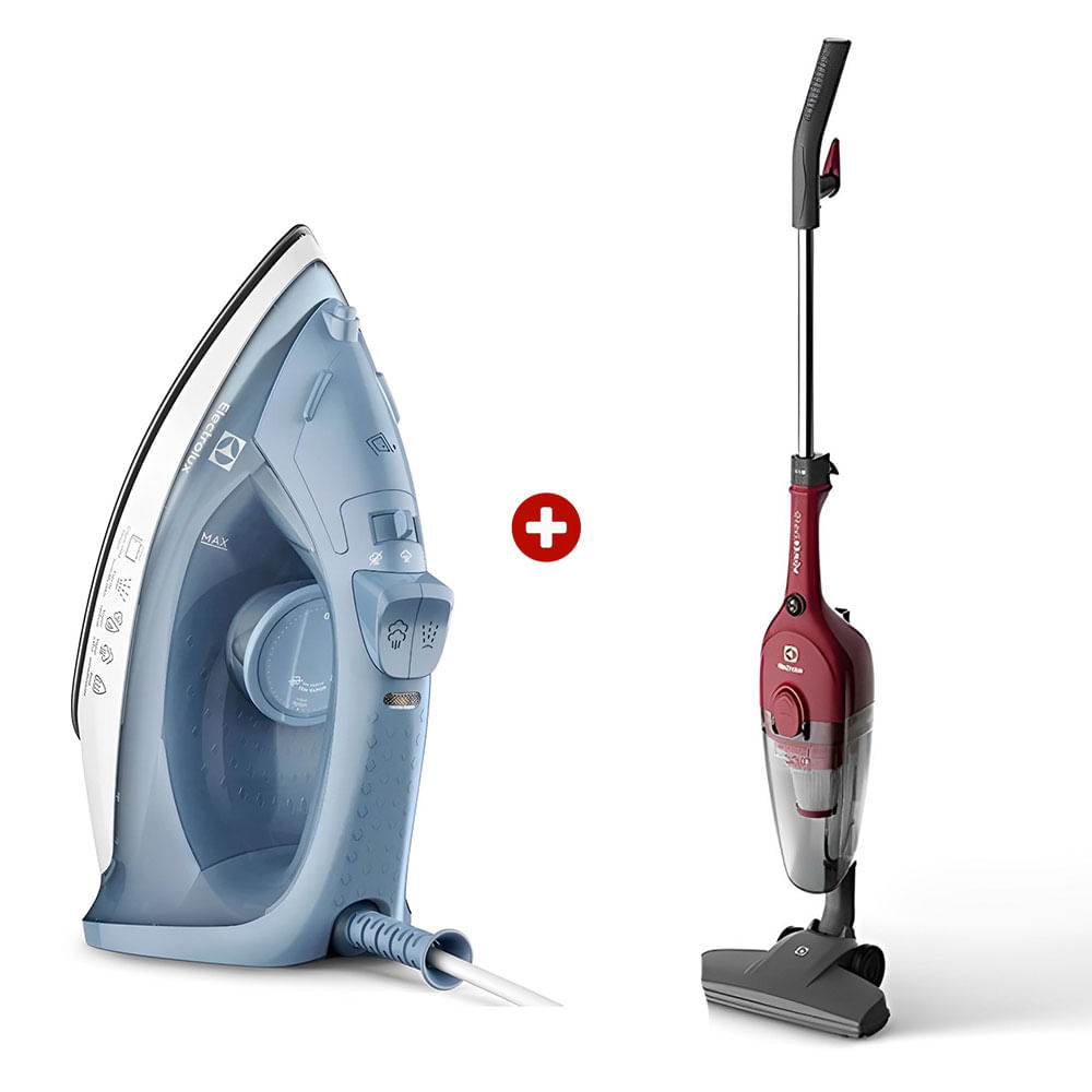 Combo Electrolux: Aspiradora vertical STK13 1100W, 1.2 litros, rojo  + Plancha a vapor y seco Efficient ESI10 200ml, antiadherente