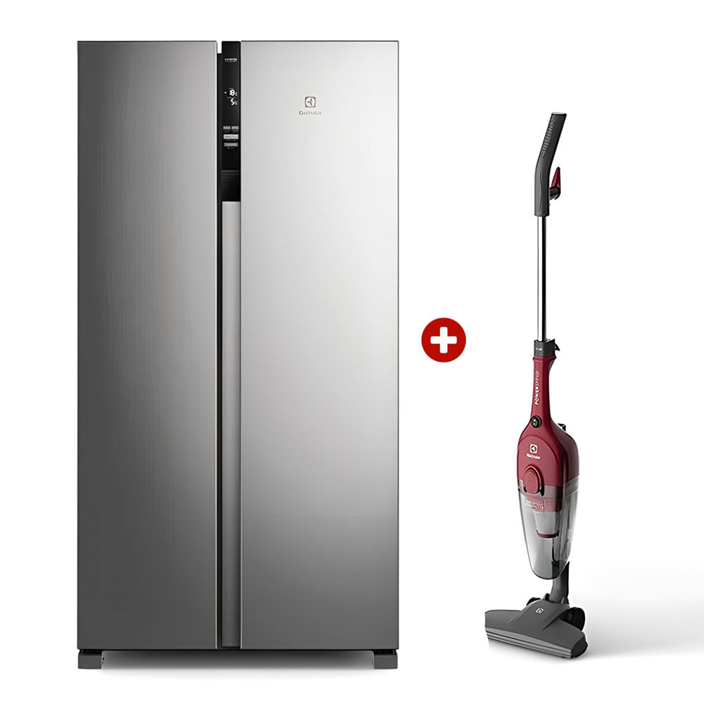 Combo Electrolux: Refrigeradora Side by Side ERSA53V2HVG, capacidad 517 litros, plateado + Aspiradora vertical con cable STK13, rojo