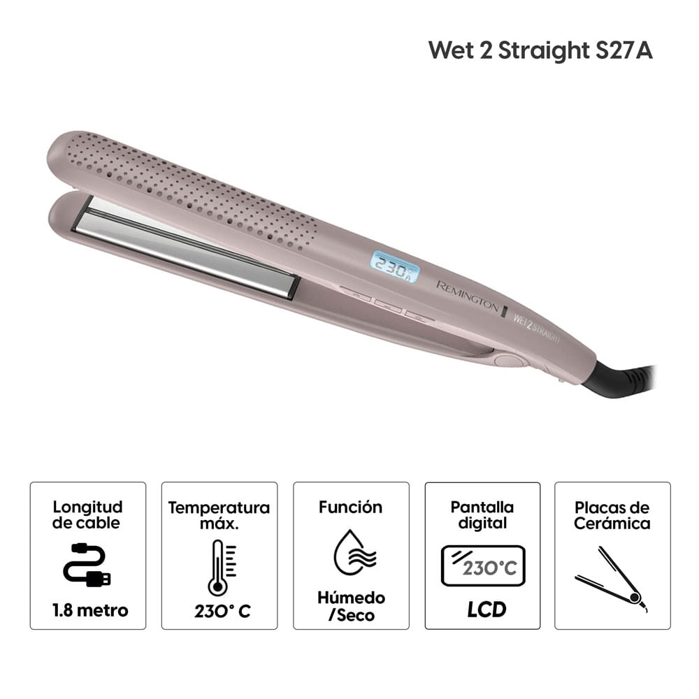 Imagen 2 del producto Alisadora Remington S27A Wet 2 Straight cerámica, 5 niveles de temperatura, 230°C, rosado