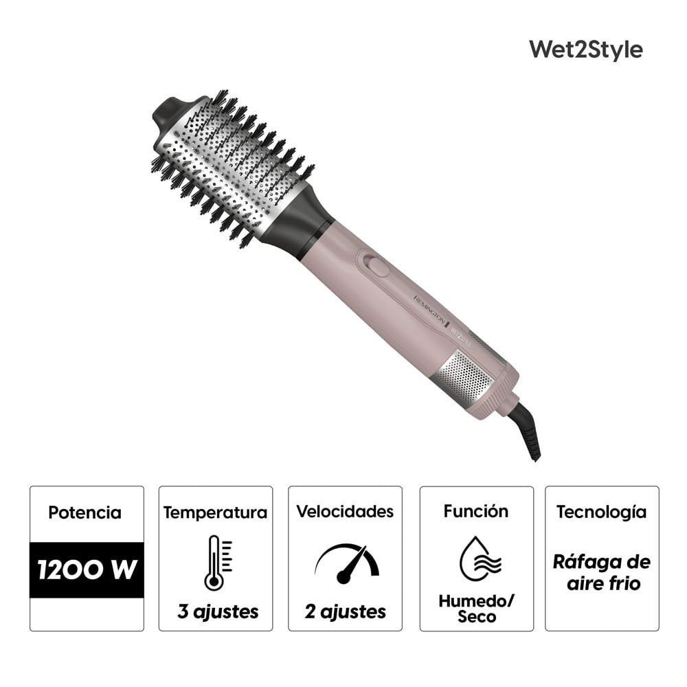 Imagen 2 del producto Cepillo de aire Remington Wet2Style 1200W, 2 velocidades, 3 temperaturas, rosado