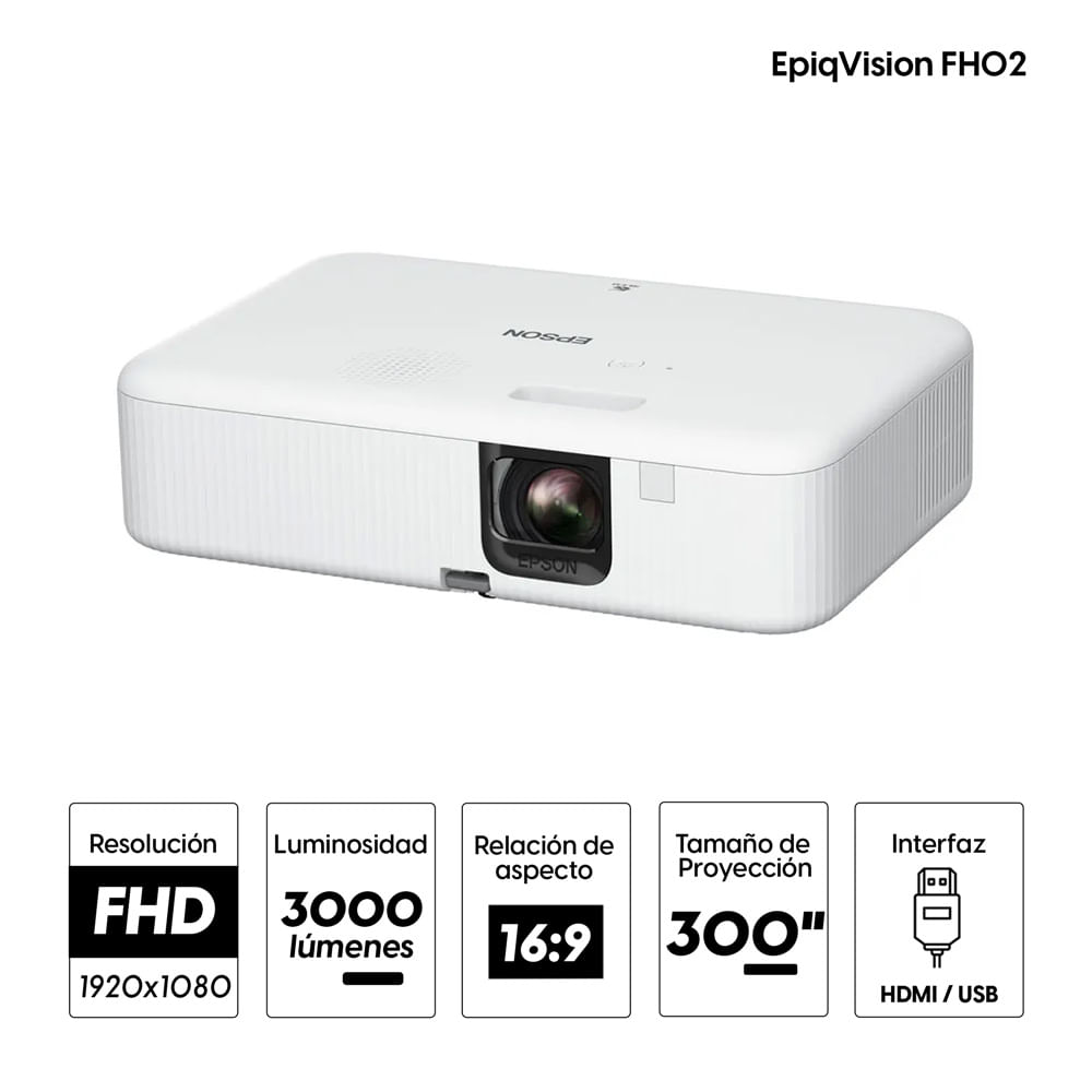 Imagen 2 del producto Proyector portátil Epson EpiqVision FH02 Full HD, altavoz integrado, smart streaming inalámbrico,  3000 lm, 300"", control por voz, USB A/C, blanco