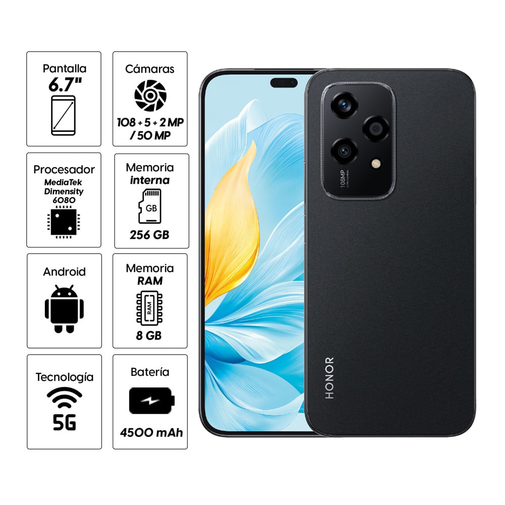 Imagen 2 del producto Celular Honor 200 Lite 256GB, 8GB RAM, cámara trasera 50MP y frontal 50MP, 6.7"", negro + Earbuds X5