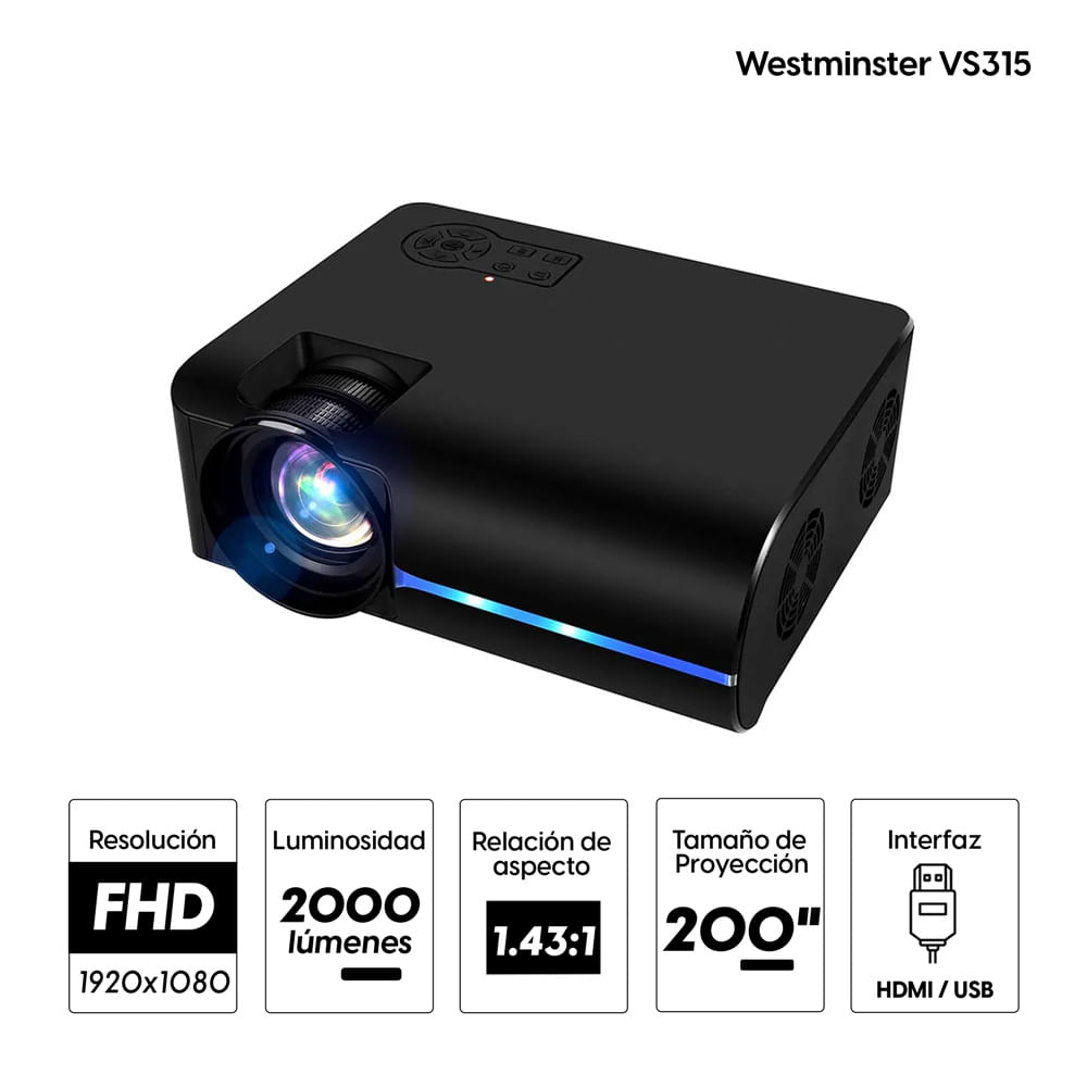 Imagen 2 del producto Proyector portátil Westminster VS315 2000 lúmenes, proyección 40-200"", Android, HDMI y USB, negro