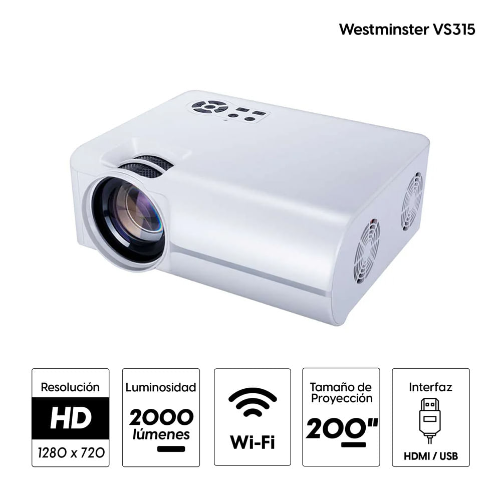 Imagen 2 del producto Proyector portátil Westminster VS315 Wi-Fi, 2000 lúmenes, proyección 40-200"", blanco