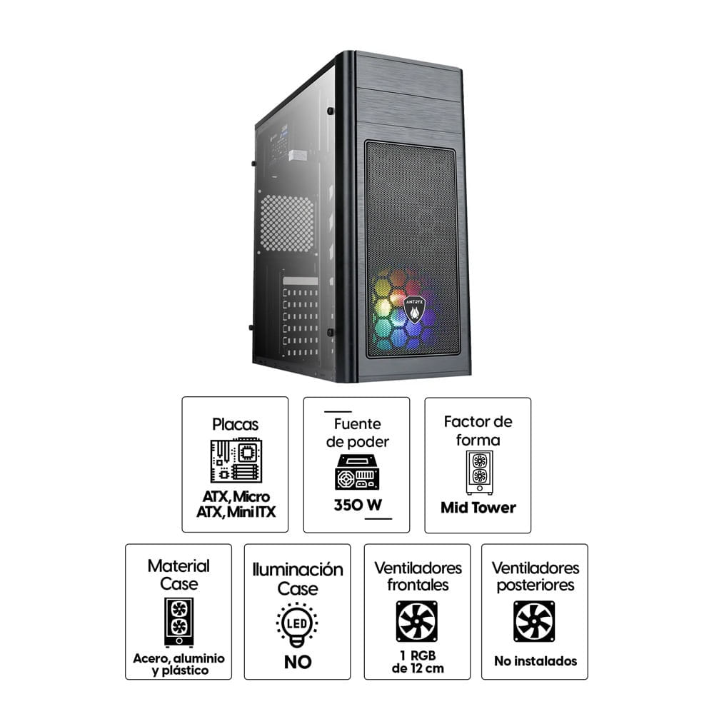 Imagen 2 del producto Gabinete Antryx Elegant 680, Panel lateral vidrio templado, con fuente 350W, Usb 3.0 (reempacado)