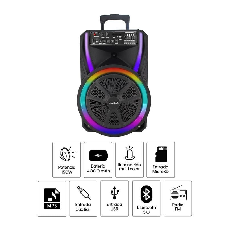 Imagen 2 del producto Parlante torre bluetooth Decibel, altavoces de 15'', 150W, luces LED, FM, SD, USB, AUX, control remoto (reempacado)