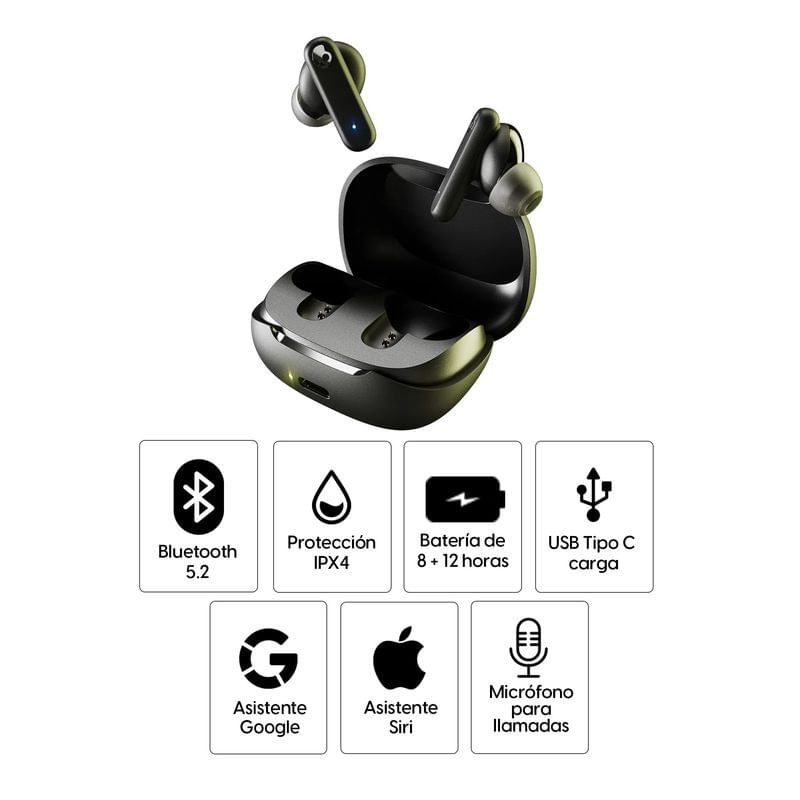 Imagen 2 del producto Smokin' Buds: Audífonos bluetooth True Wireless Skullcandy resistente al agua IPX4, duración máx. de 8 horas, negro (reempacado)