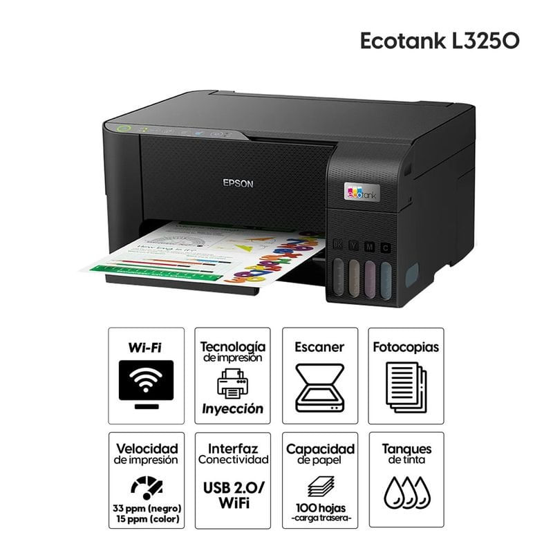 Imagen 2 del producto Reacondicionado: Impresora multifuncional Epson Ecotank L3250, inyección de tinta, inalámbrica, Wi-Fi, con tanques recargables