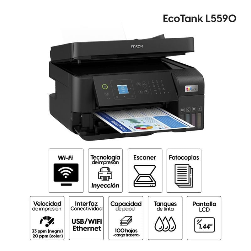 Imagen 2 del producto Reacondicionado: Impresora multifuncional Epson EcoTank L5590, inyección de tinta, inalámbrica, Wi-Fi, con tanques recargables