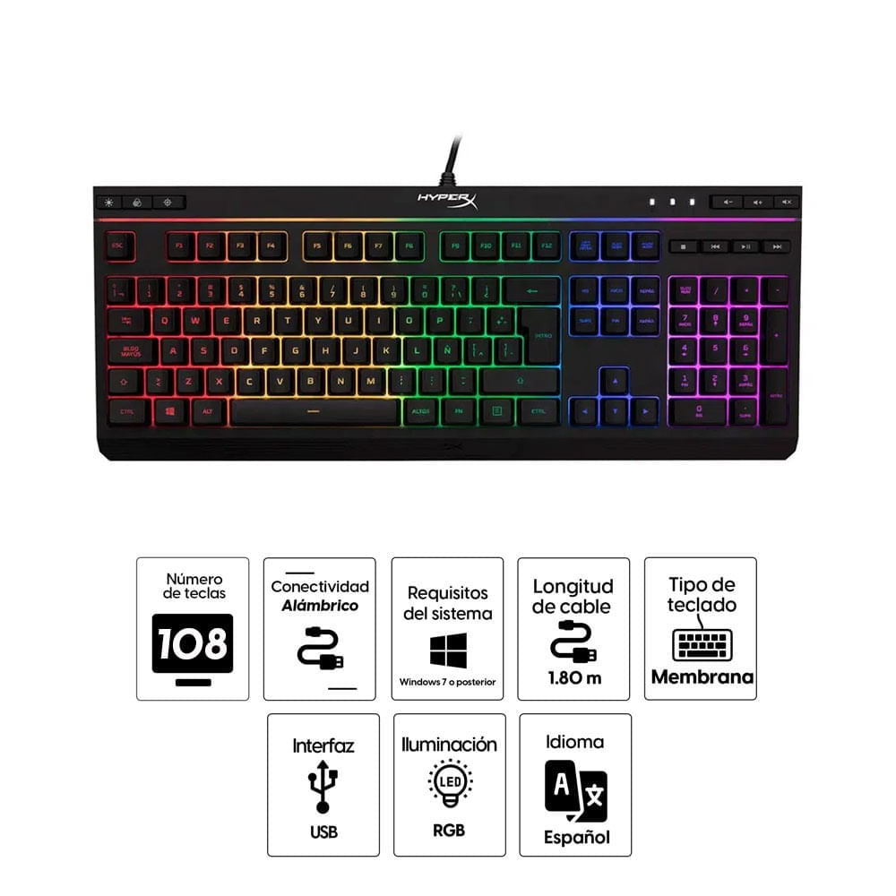 Imagen 2 del producto Reacondicionado: Teclado gamer alámbrico Hyperx Alloy Core, conexión USB, membrana, idioma español, RGB