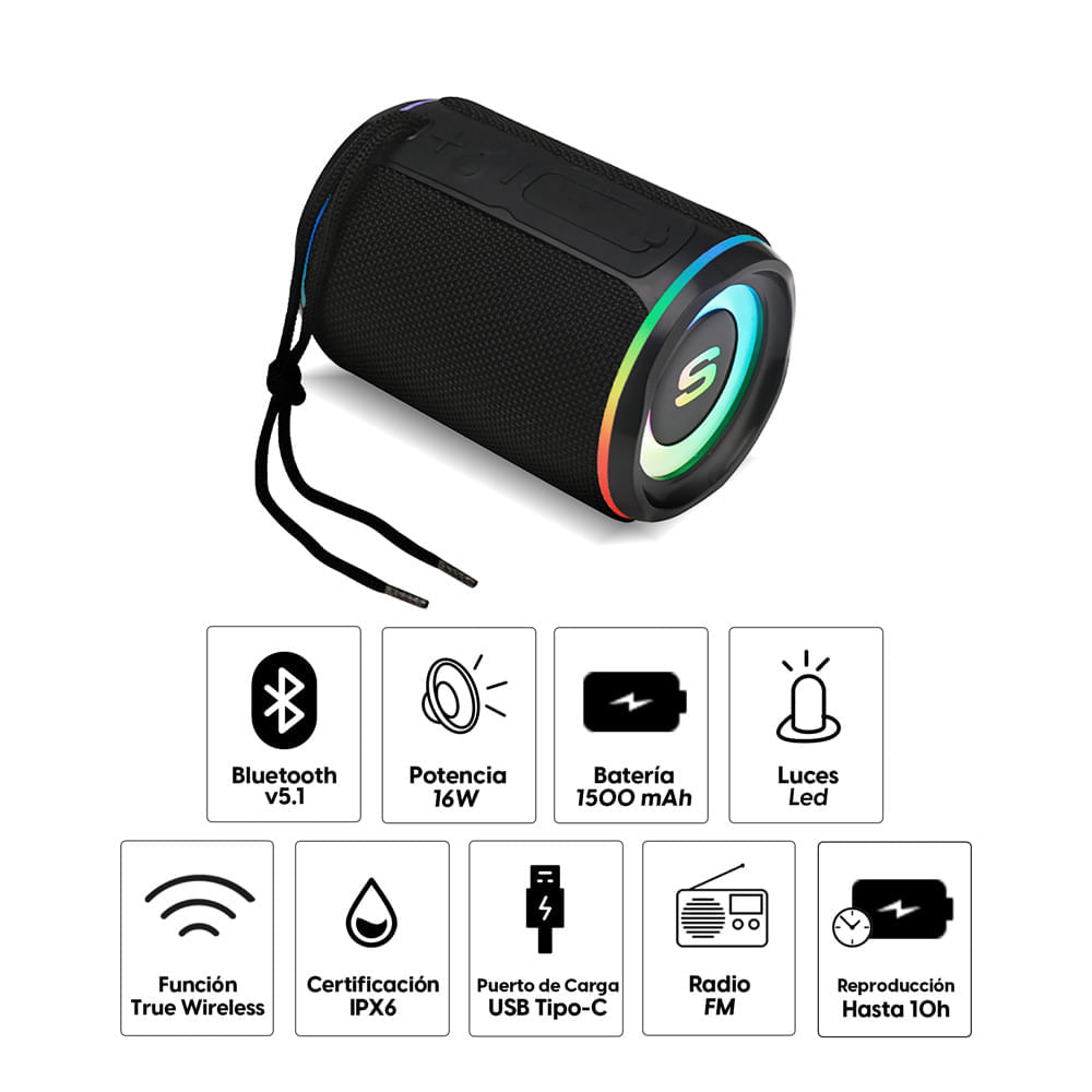 Imagen 2 del producto Reacondicionado: Parlante bluetooth Decibel Adventura 16W, IPX6, FM/USB, TWS, LUZ LED, Tipo-C, negro
