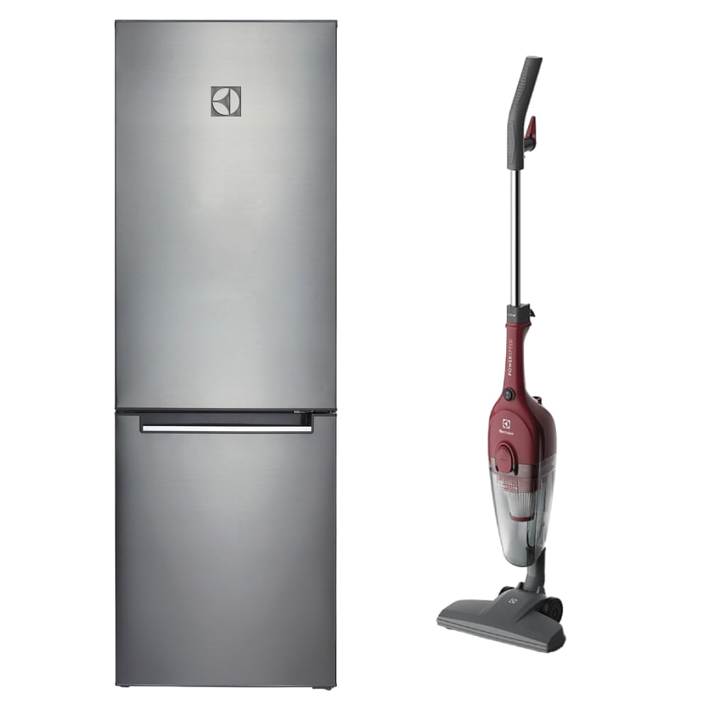 Combo Electrolux: Refrigeradora ERT32G2KSQS, Bottom Freezer, capacidad 310 litros, plateado + Aspiradora vertical con cable STK13 Power Speed, rojo